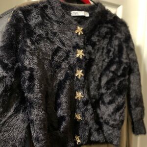 Zara Black Faux Fur Jacket with Gold Accents
